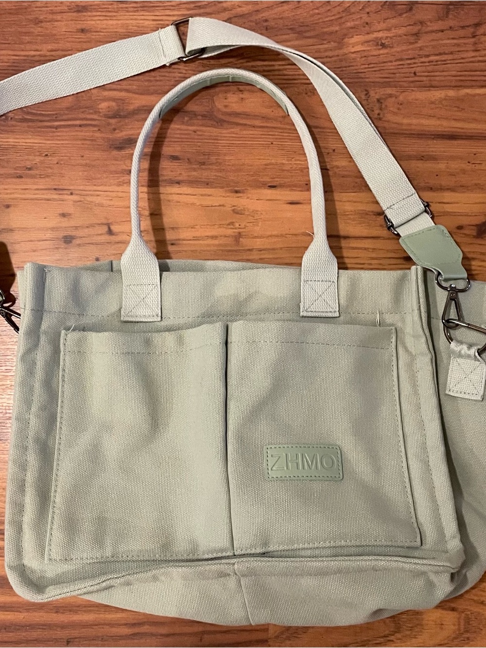 Canvas Tote Bag in Sage Green Two Front Pockets with Removable Strap ZHMO